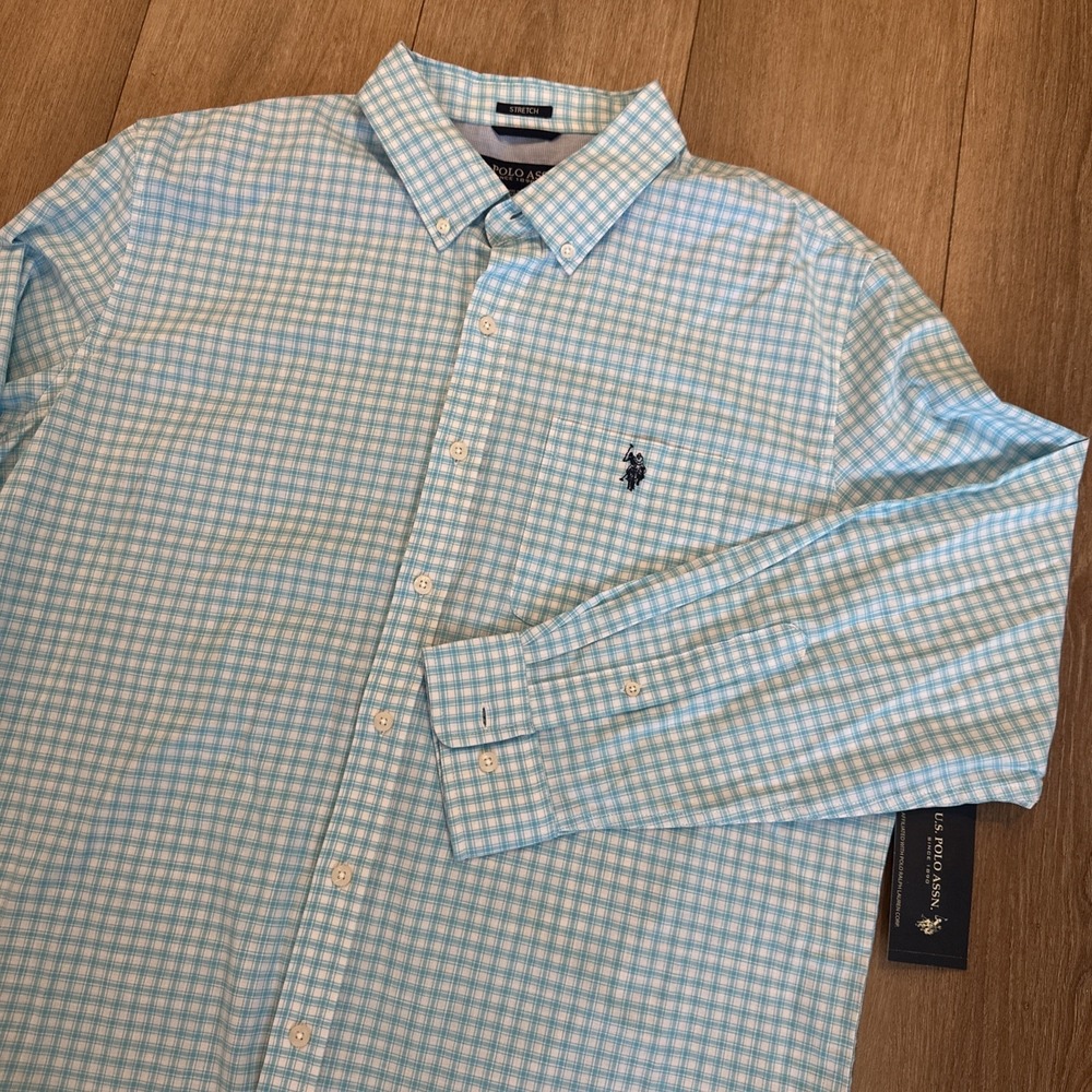 U.S. Polo Assn. Men's Long Sleeve Woven Aqua Blue White Button Shirt Stretch XL